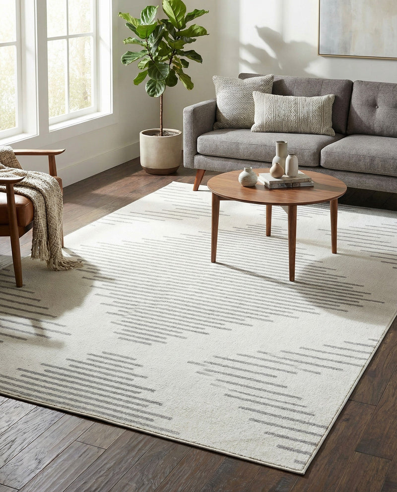 Seychelles Stripes Collection Area Rug - Mahe (Ivory and Gray) Rectangle Ivory and Gray  lifestyle 20