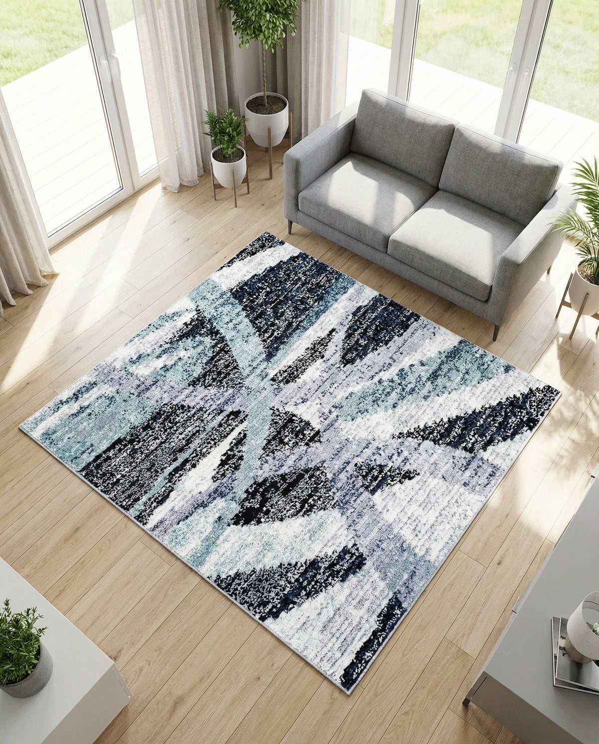 Santa Fe Trails Collection Area Rug -  Navajo Square Gray and Ivory  lifestyle 55