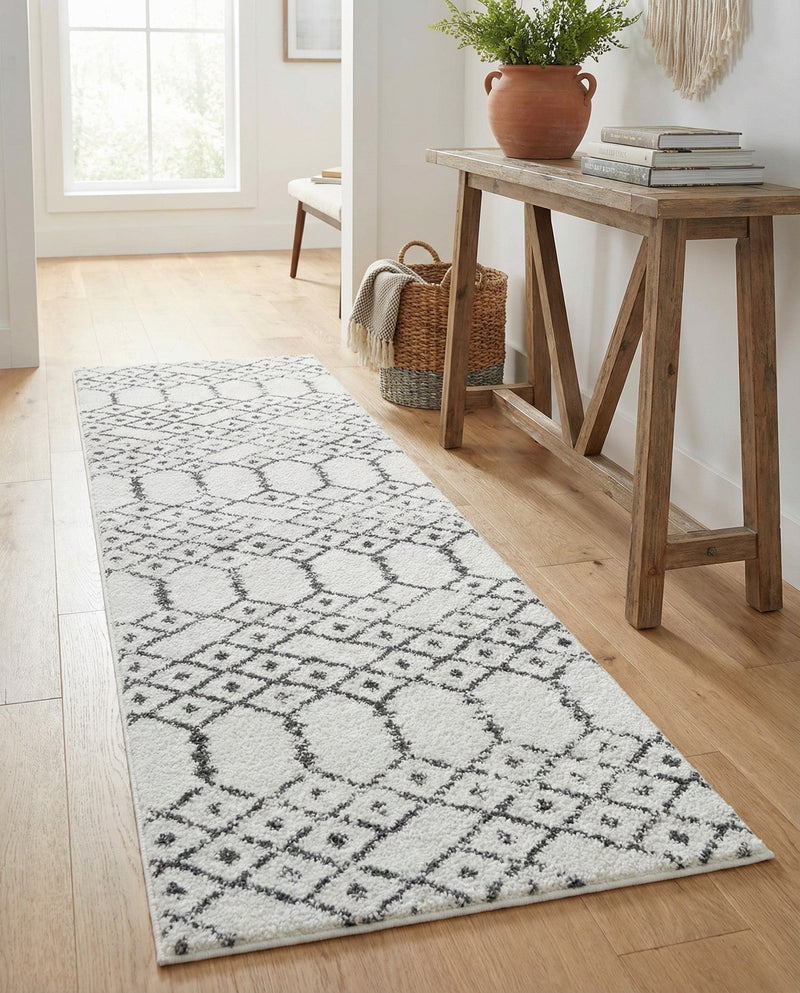 Marrakesh Lattice Collection Area Rug - Casablanca (Ivory Black) Runner Ivory Black  lifestyle 42