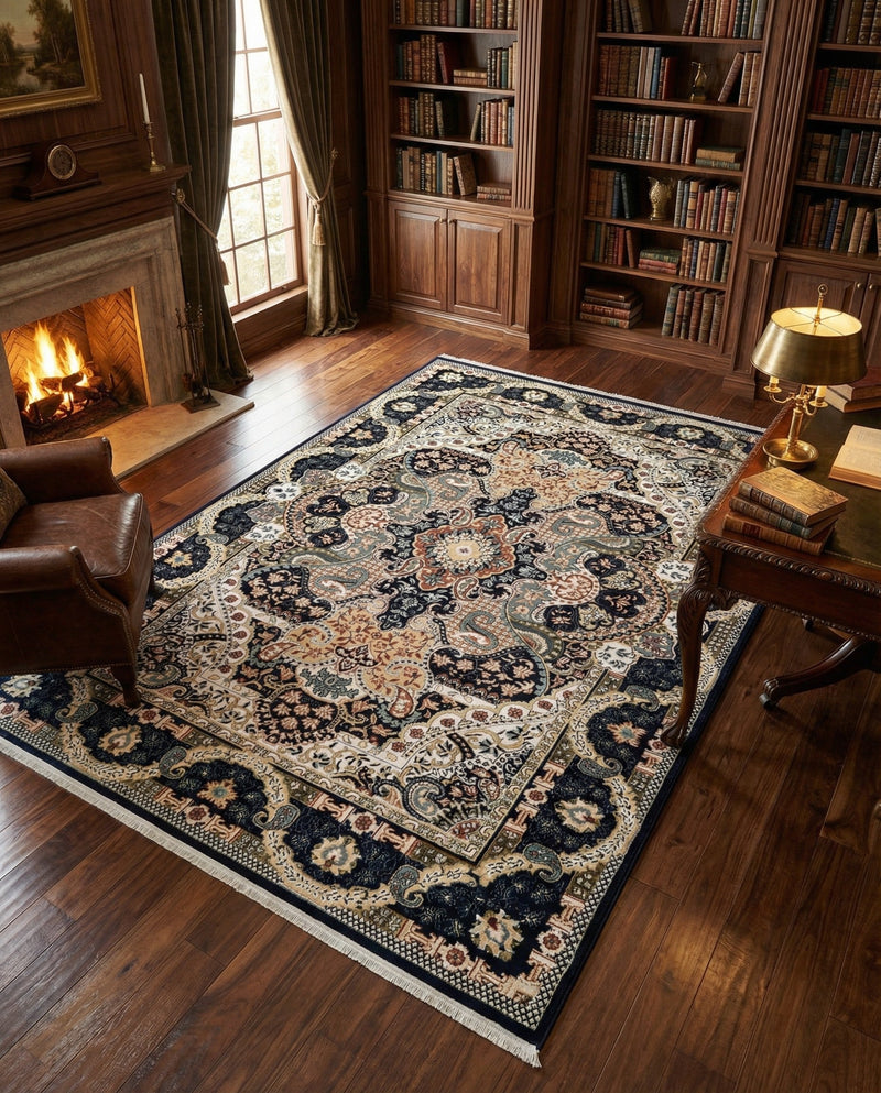 Persian Elegance Collection Area Rug -  Shiraz Rectangle Navy Blue  lifestyle 29