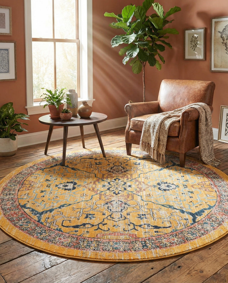 Seville Stripes Collection Area Rug -  Malaga (Yellow) Round Yellow  lifestyle 38