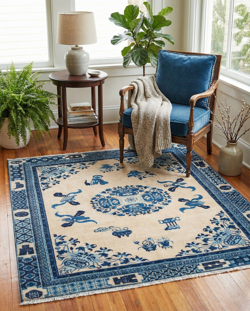 Bazaar Chic Collection Area Rug -  Casablanca Square Ivory and Blue  lifestyle 48