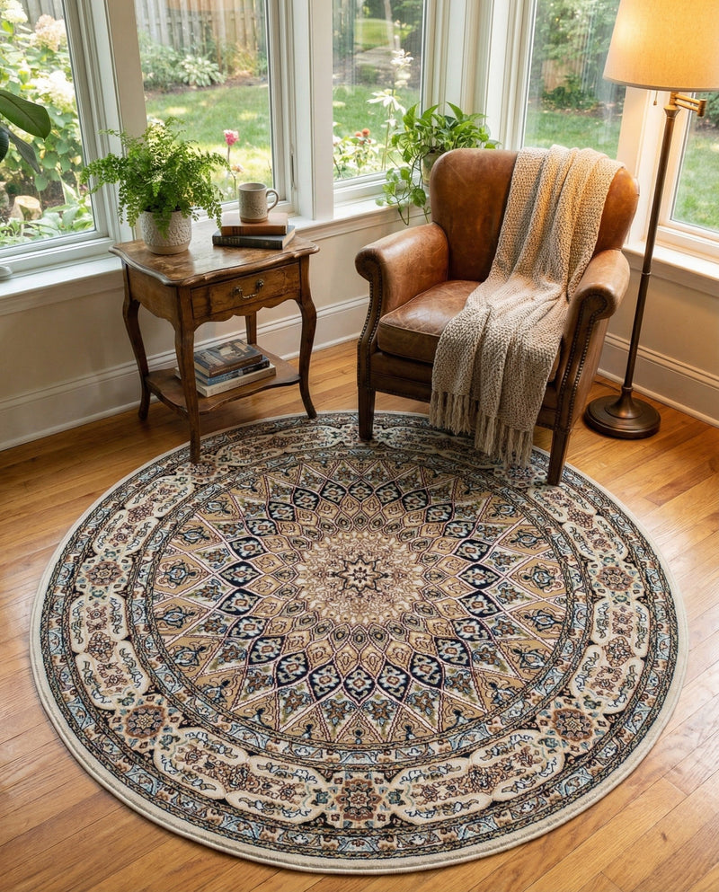 Persian Elegance Collection Area Rug -  Hamedan (Ivory) Round Ivory  lifestyle 35