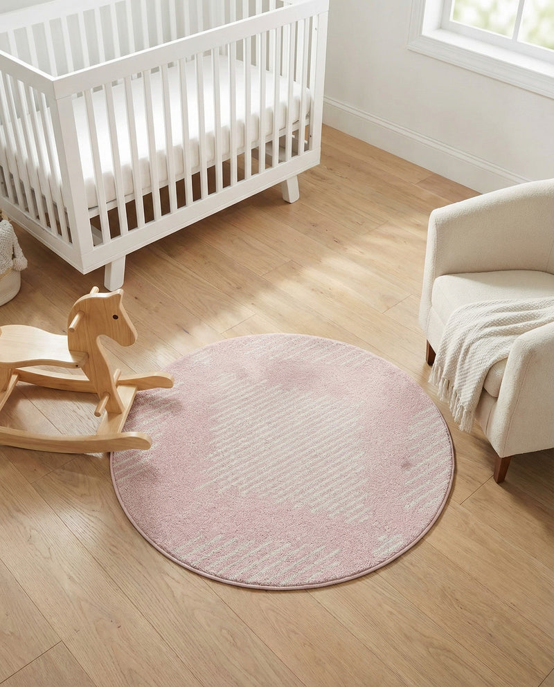 Seychelles Stripes Collection Area Rug - Mahe (Pink) Round Pink  lifestyle 44