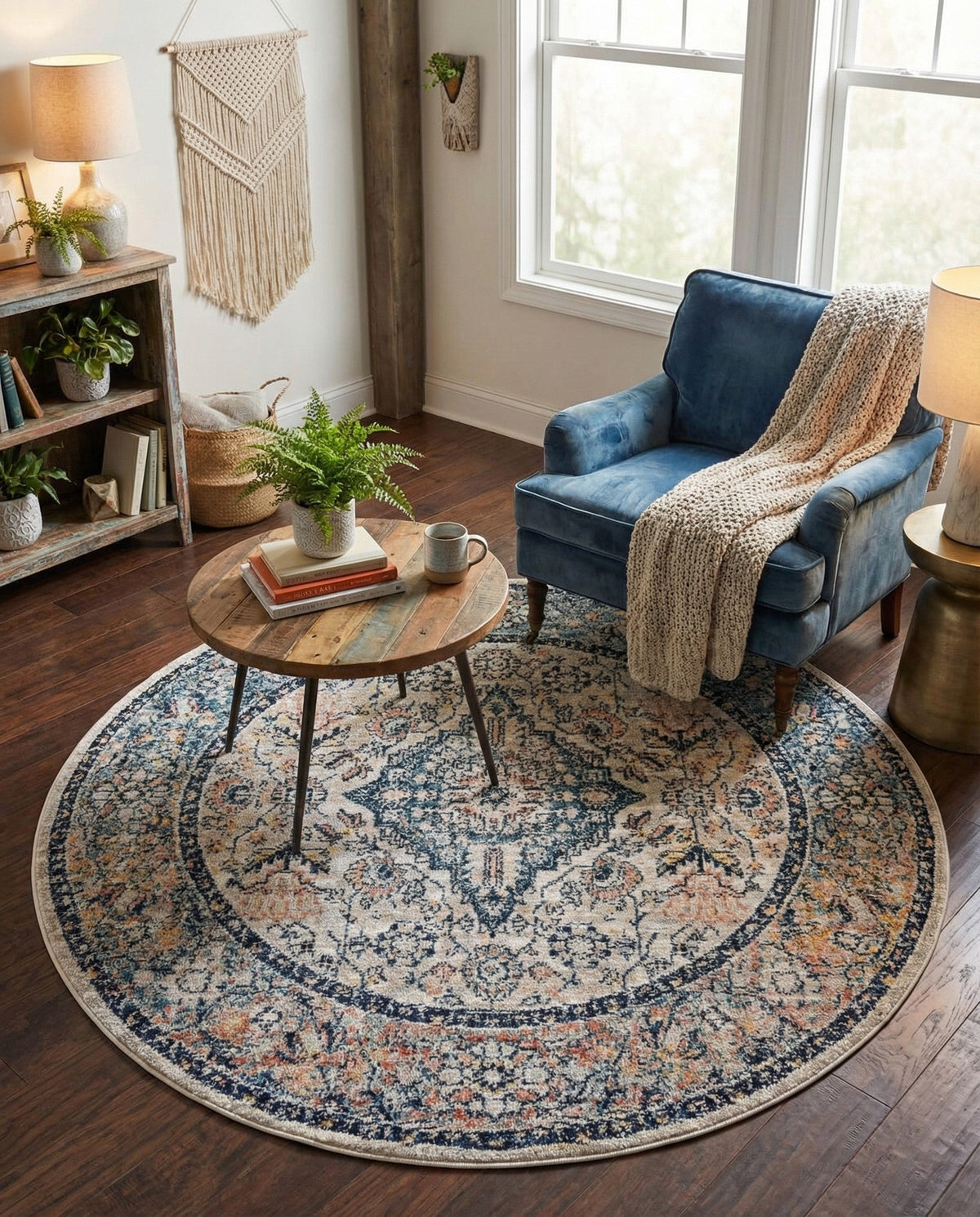 Seville Stripes Collection Area Rug - Cadiz (Blue) Round Blue  lifestyle 88