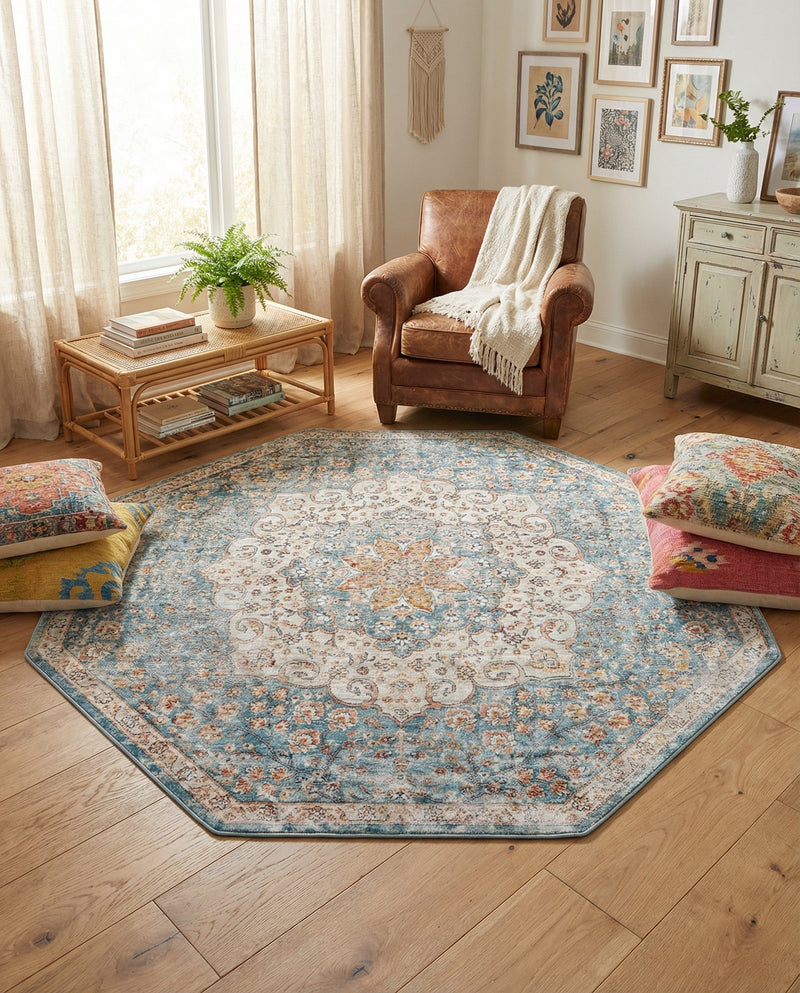 Coastal Haven Collection Area Rug - Seabreeze (Blue) Octagon Blue  lifestyle 41