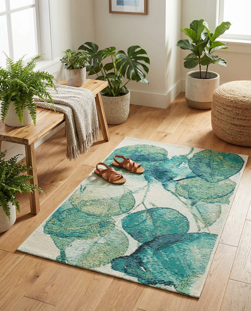 Seaside Blooms Collection Area Rug -  Flora Rectangle Blue Green  lifestyle 24