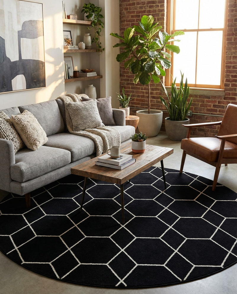 Trellis Mosaic Collection Area Rug - Arborville (Black) Round Black  lifestyle 66