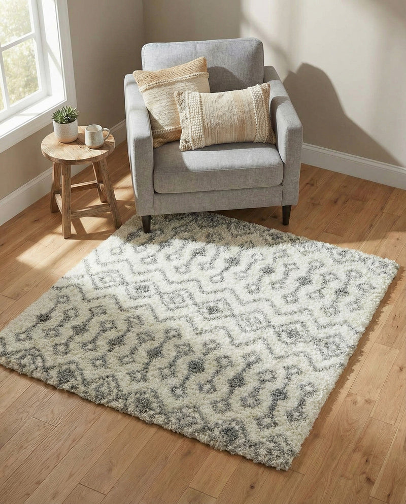 Berber Lattice Shag Collection Area Rug - Atlas (Ivory) Square Ivory  lifestyle 45