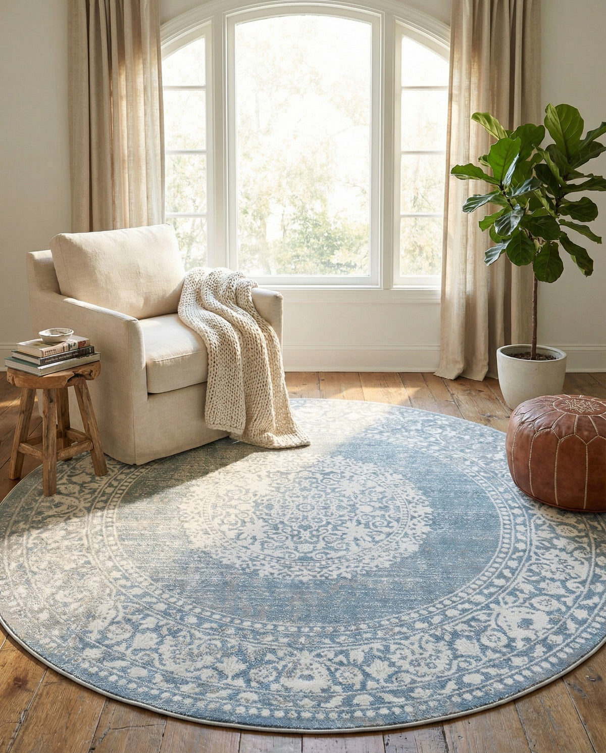 Rustic Charm Revival Collection Area Rug -  Meadowland Round Light Blue  lifestyle 139