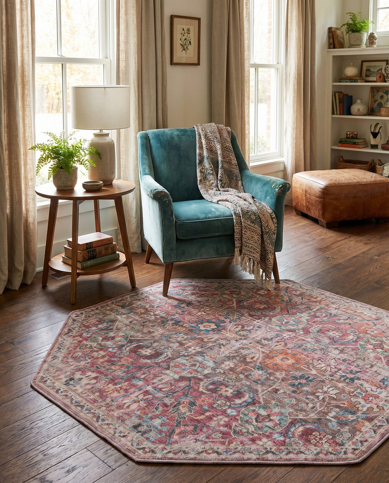 Vintage Memories Collection Area Rug -  Flashback Octagon Ivory and Pink  lifestyle 37