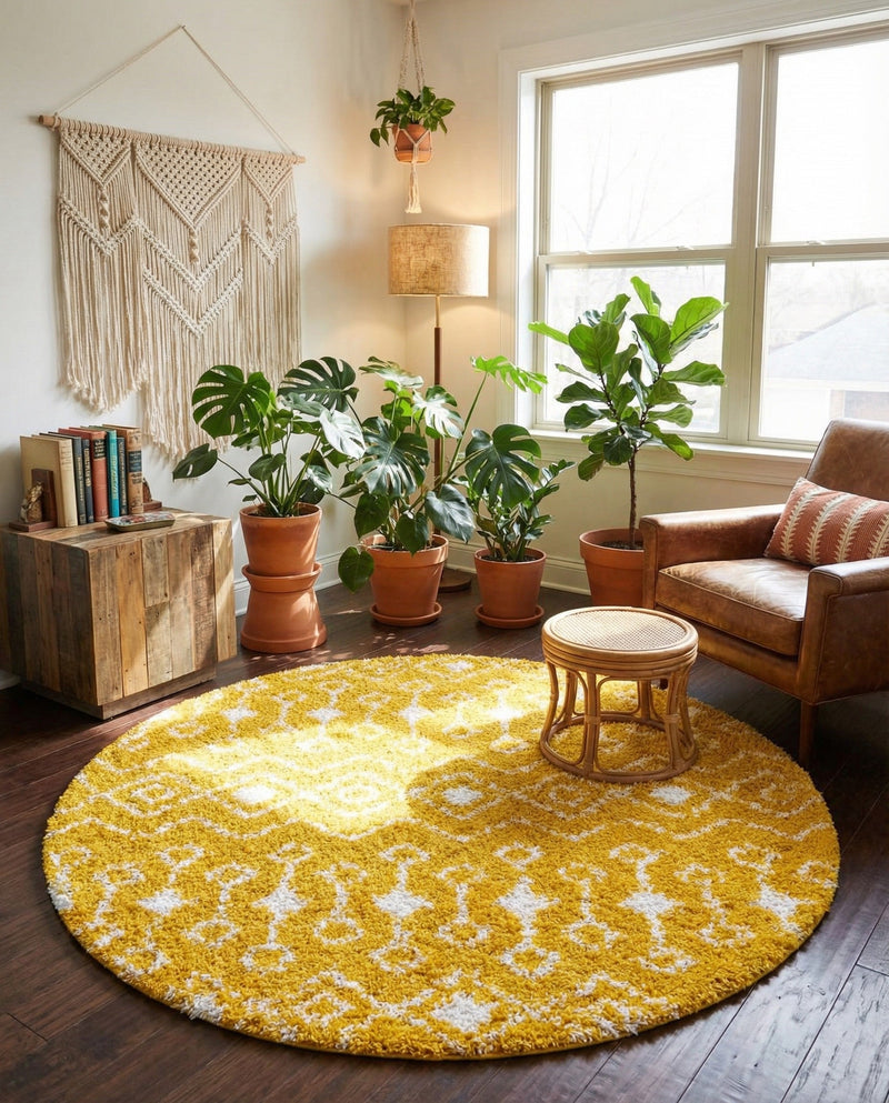 Berber Lattice Shag Collection Area Rug - Atlas (Yellow) Round Yellow  lifestyle 55