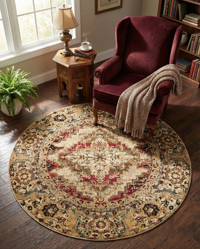 Neptune Elegance Collection Area Rug -  Naiad Round Burgundy Beige  lifestyle 49