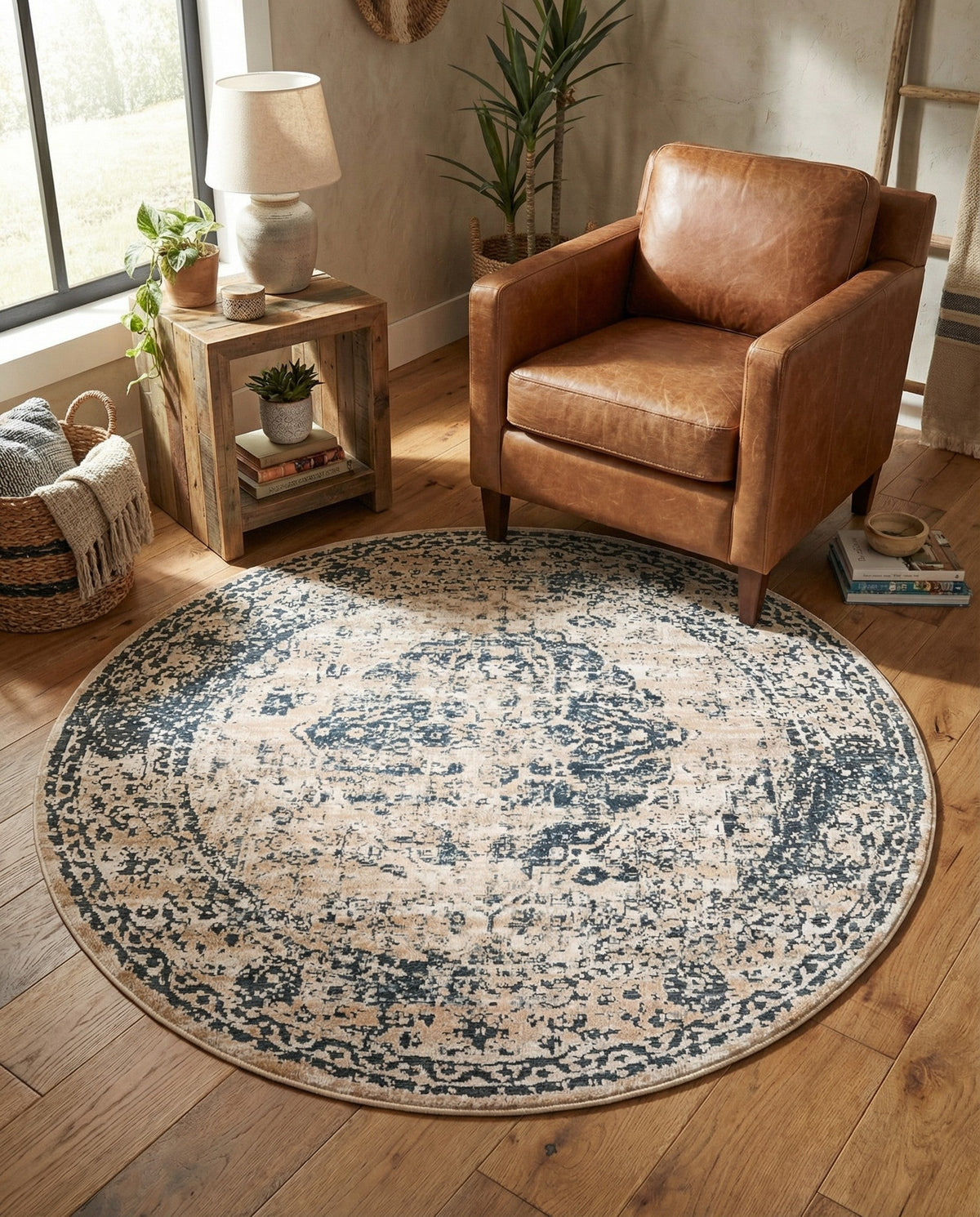 Coastal Manor Collection Area Rug -  Dunes Round Dark Blue  lifestyle 120