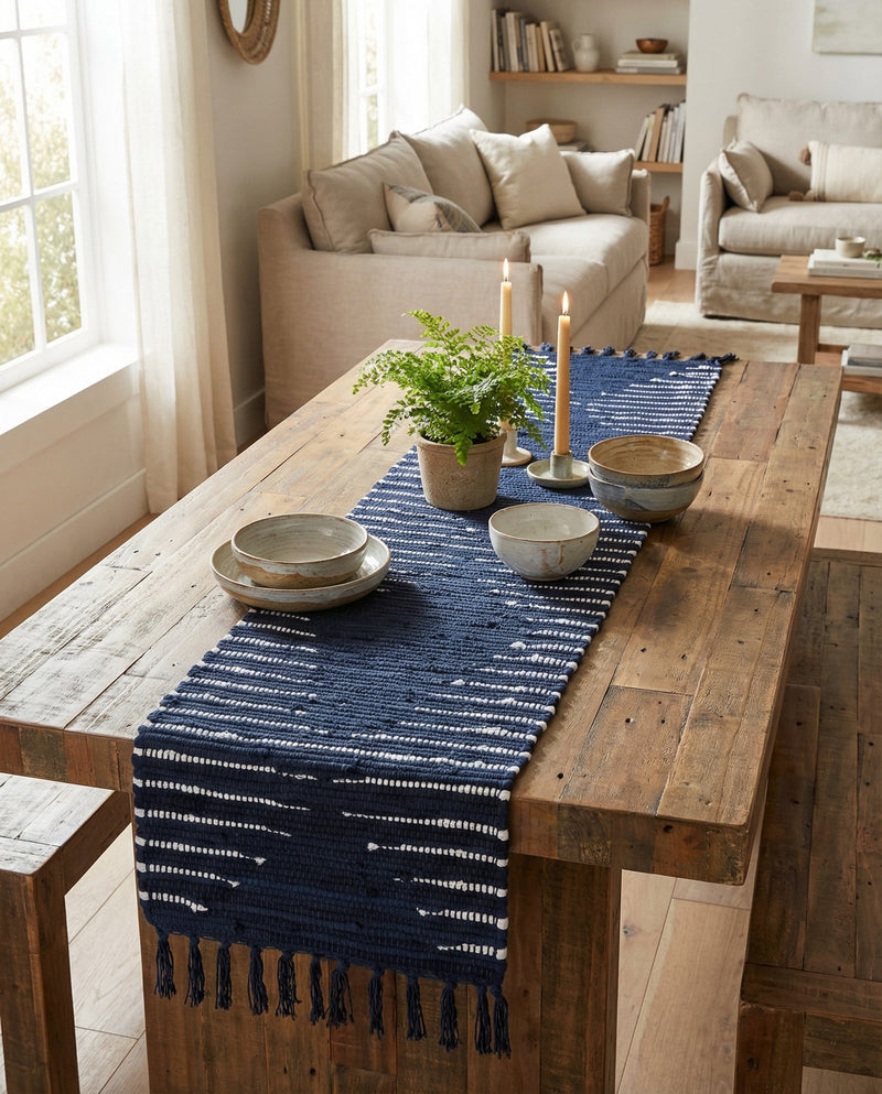 Thar Cotton Collection Area Rug - Jaisalmer (Navy Blue) Table Runner Navy Blue  lifestyle 28