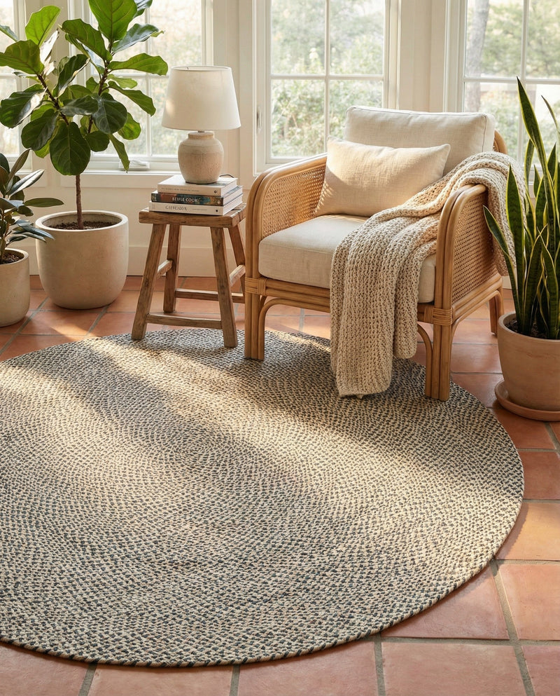 Highland Woven Jute Collection Area Rug - Glenmore (Gray) Round Gray  lifestyle 68