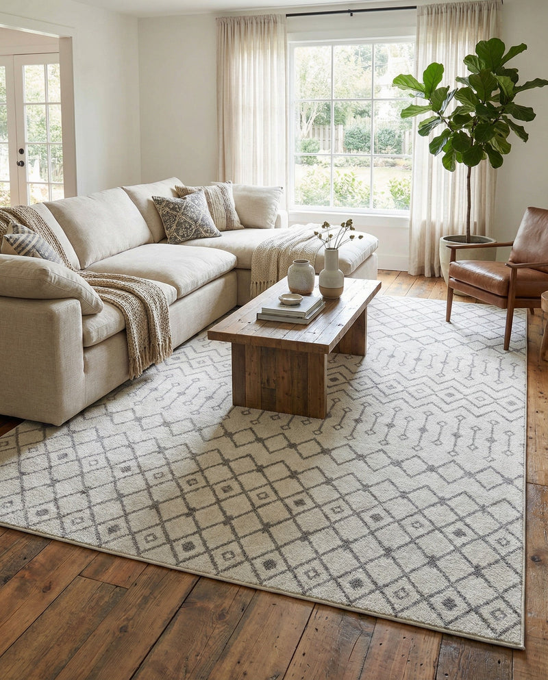 Mediterranean Lattice Collection Area Rug - Santorini (Ivory and Gray) Rectangle Ivory and Gray  lifestyle 7