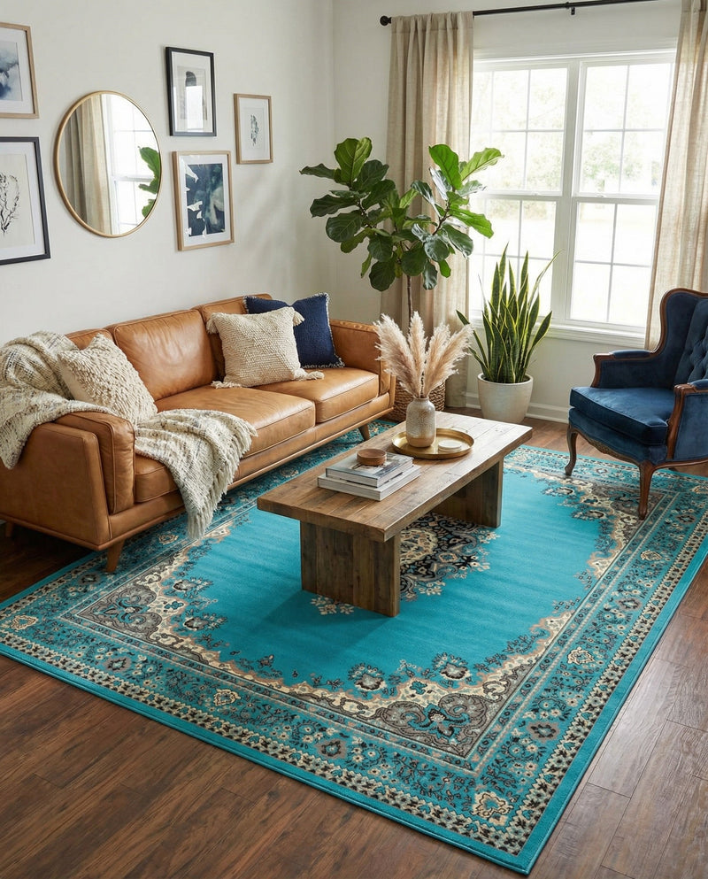 Tabriz Tapestry Collection Area Rug - Azerbaijan (Turquoise) Rectangle Turquoise  lifestyle 4