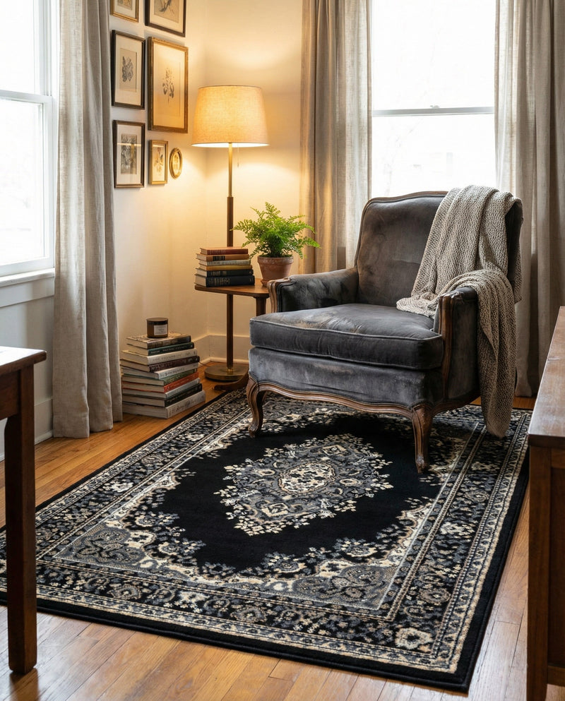 Tabriz Tapestry Collection Area Rug - Azerbaijan (Black) Rectangle Black  lifestyle 27