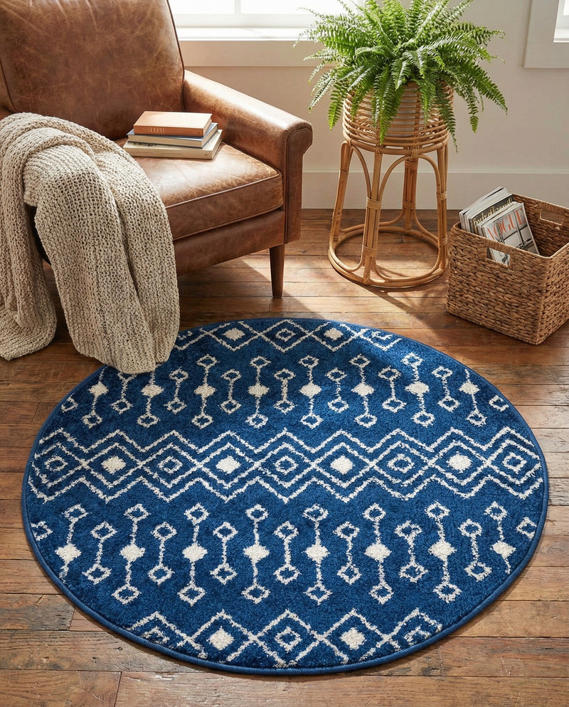 Mediterranean Lattice Collection Area Rug - Santorini (Navy Blue) Round Navy Blue  lifestyle 82