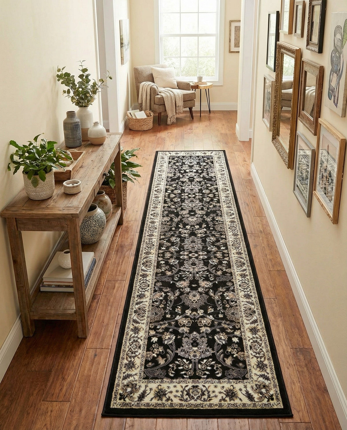 Isfahan Elegance Collection Area Rug - Naghsh-e Jahan (Black) Runner Black  lifestyle 135