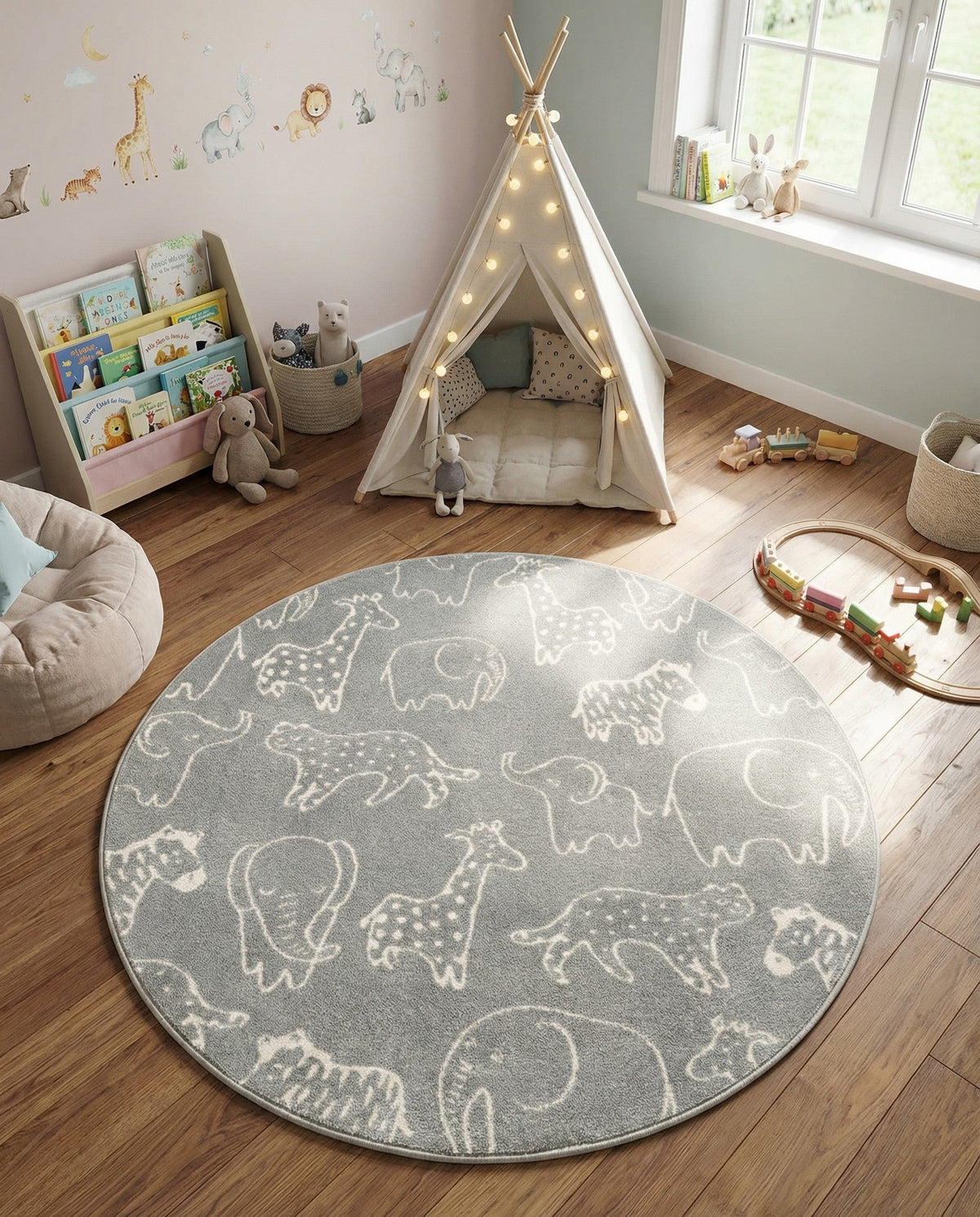 Wonder Tykes Collection Area Rug -  Spectrum Round Gray  lifestyle 145