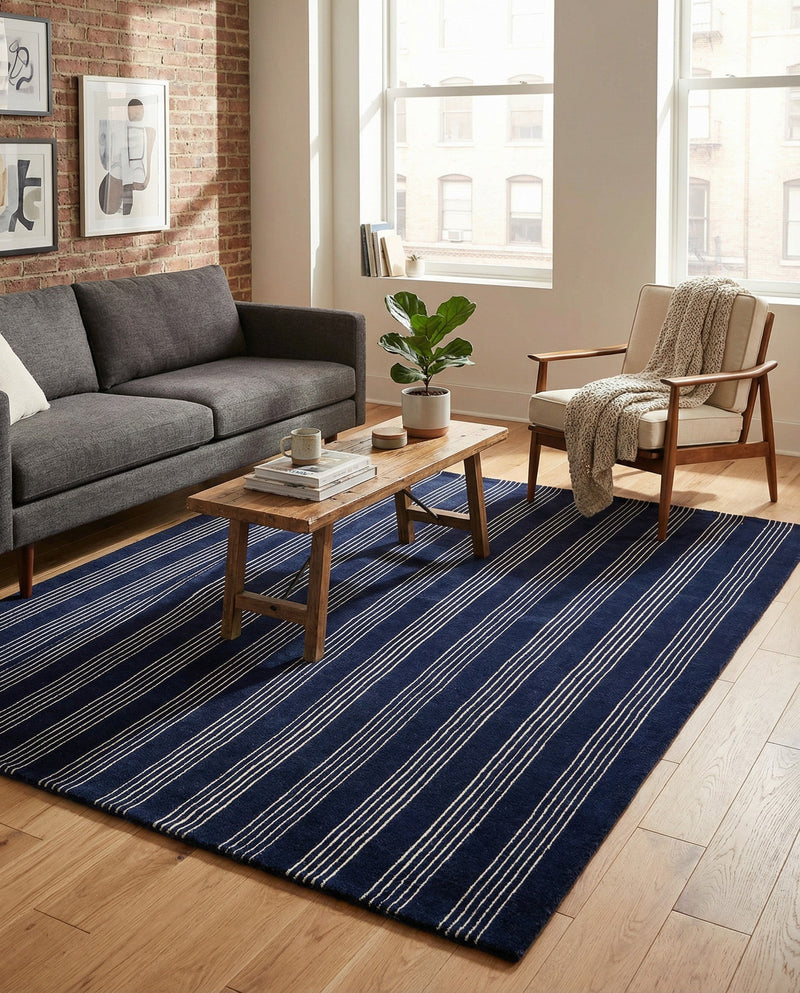 Hampton Stripes Wool Collection Area Rug - Montauk Rectangle Cobalt Blue  lifestyle 9
