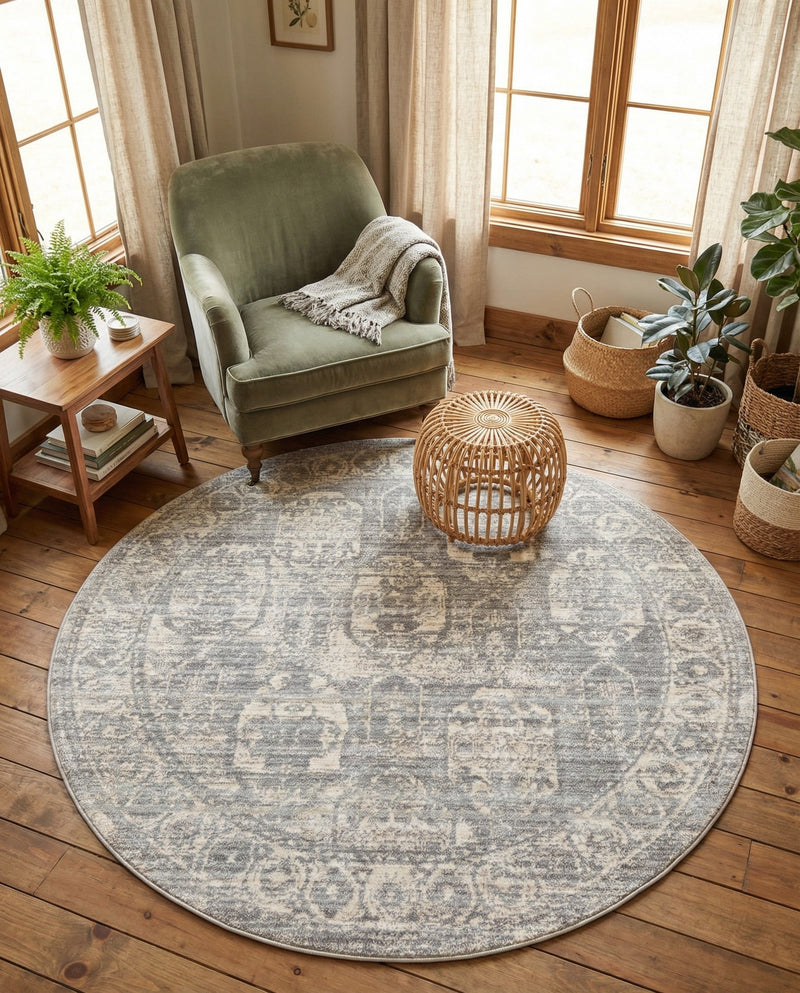Seville Stripes Collection Area Rug -  Granada (Gray) Round Gray  lifestyle 60
