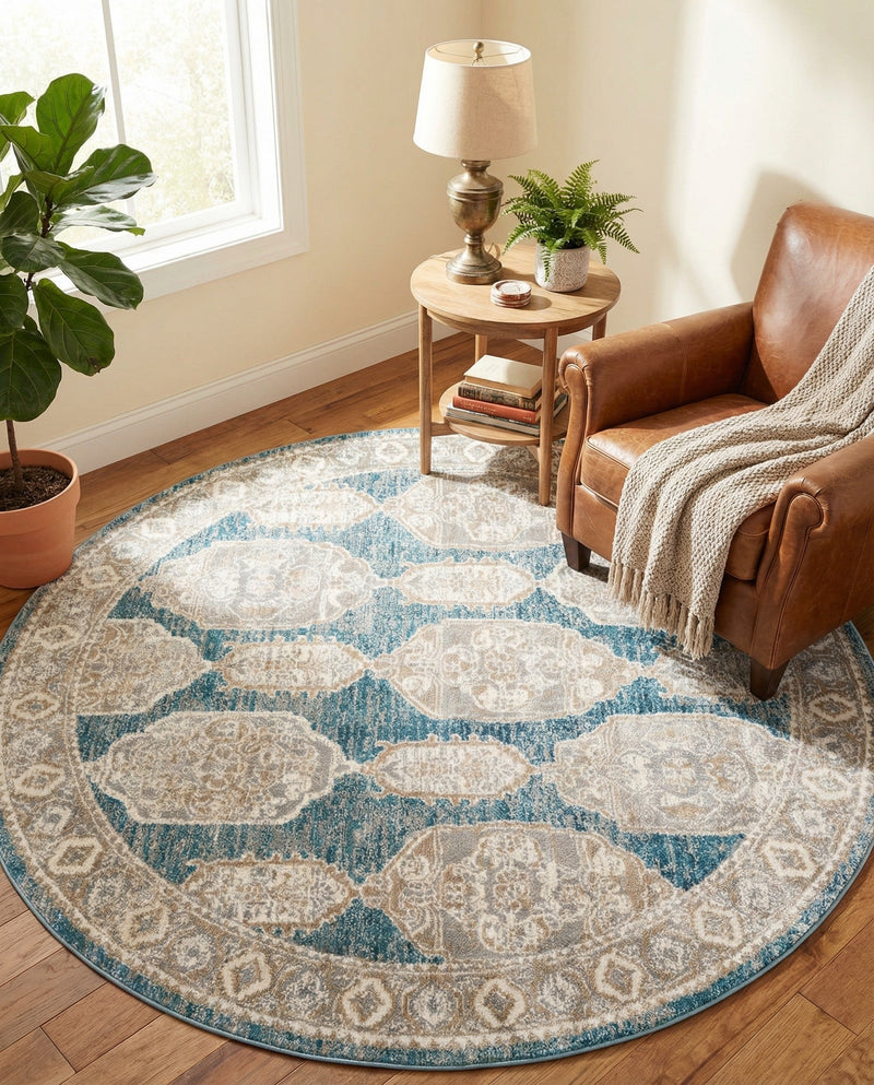 Seville Stripes Collection Area Rug -  Granada (Blue) Round Blue  lifestyle 28