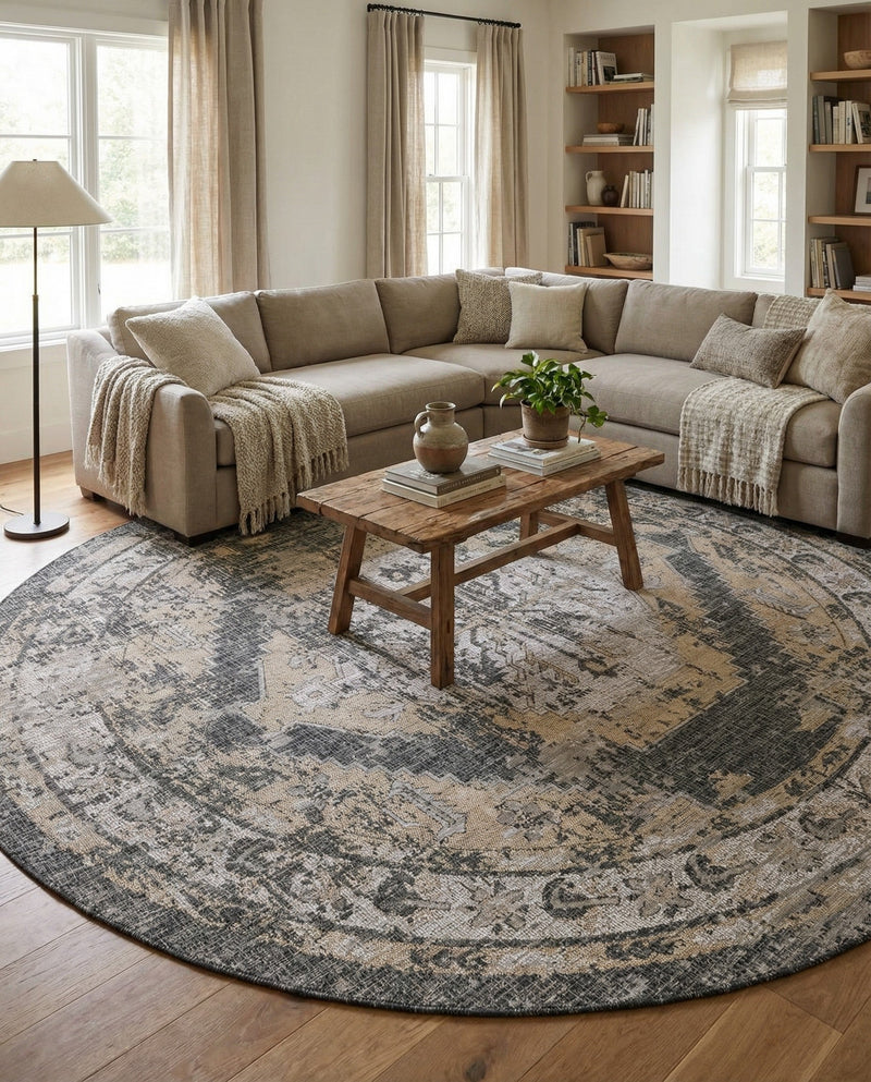 Patio Heritage Collection Area Rug -  Augusta (Charcoal) Round Charcoal  lifestyle 70