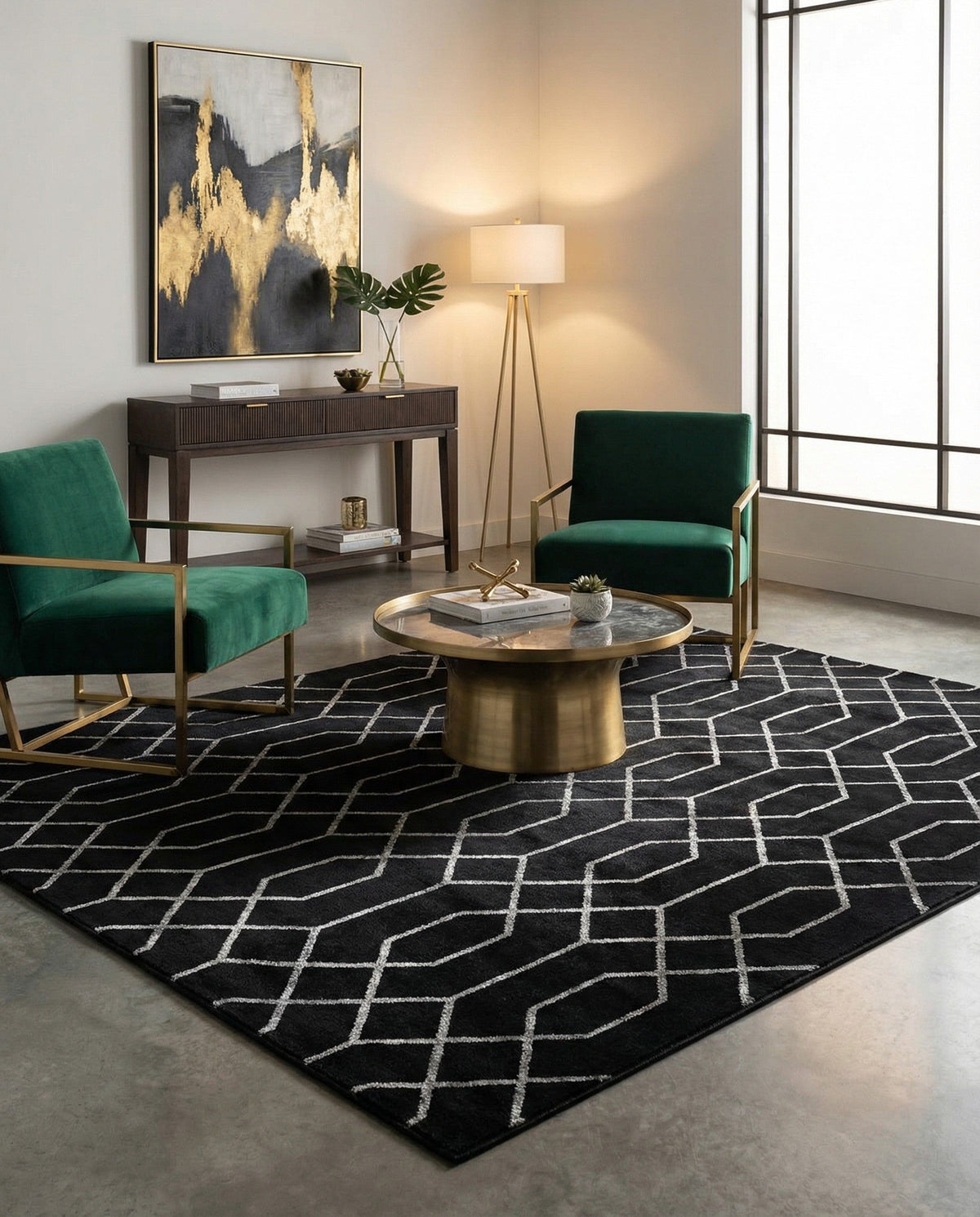 Hollywood Luxe Collection Area Rug - Sunset Square Black and Silver  lifestyle 199