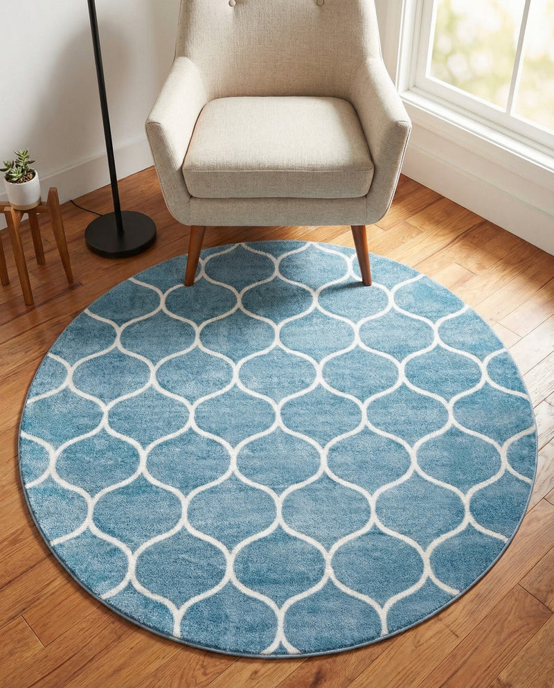 Trellis Mosaic Collection Area Rug -  Pergolatown (Light Blue) Round Light Blue  lifestyle 62