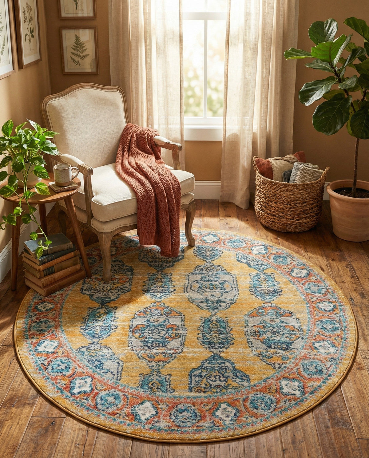Seville Stripes Collection Area Rug -  Granada (Yellow) Round Yellow  lifestyle 81