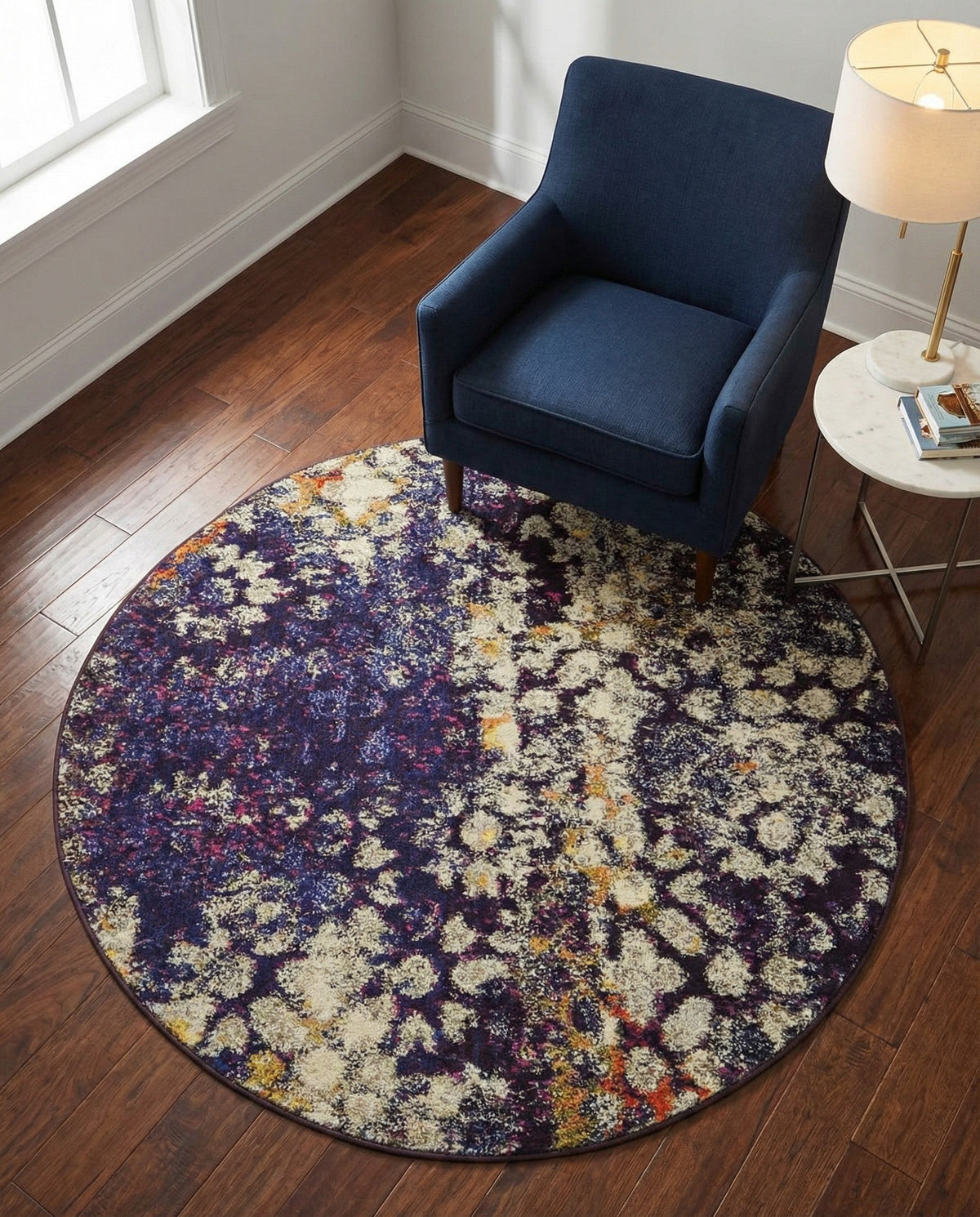 Venetian Tapestry Collection Area Rug - Murano Round Navy Blue  lifestyle 148