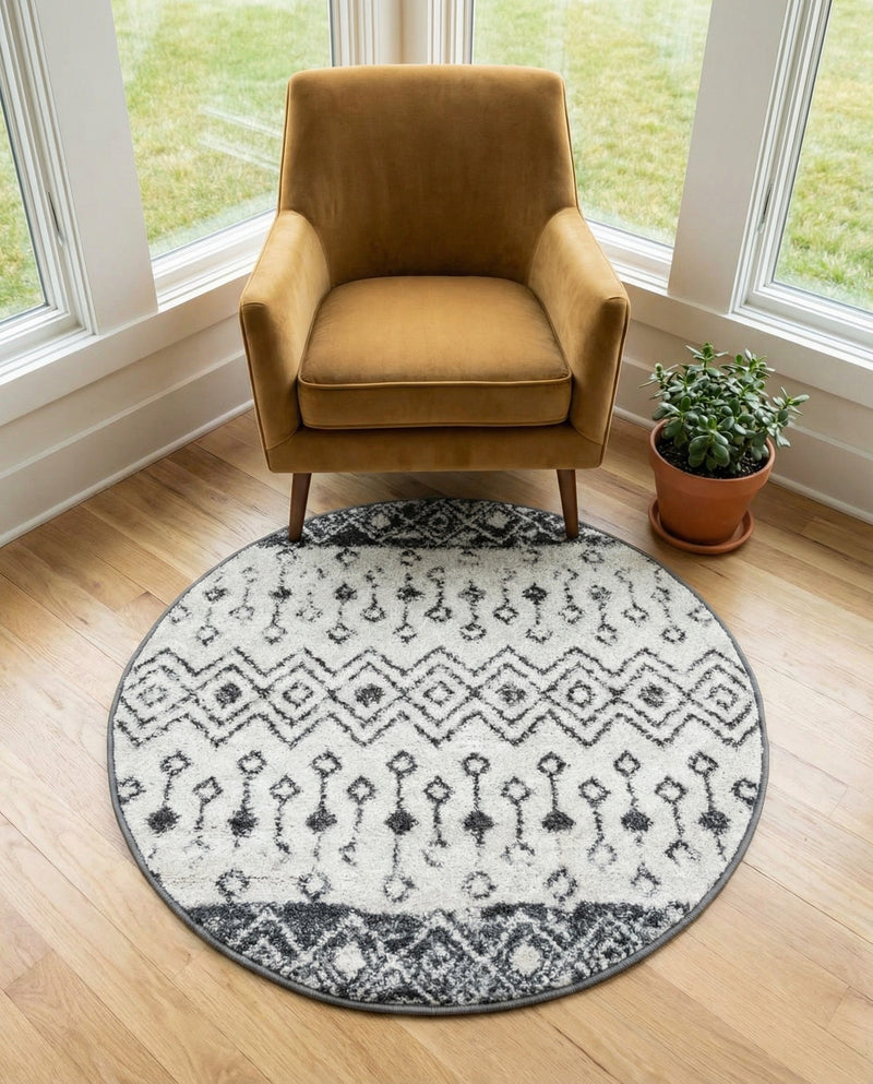 Mediterranean Lattice Collection Area Rug -  Casablanca (Ivory and Gray) Round Ivory and Gray  lifestyle 32