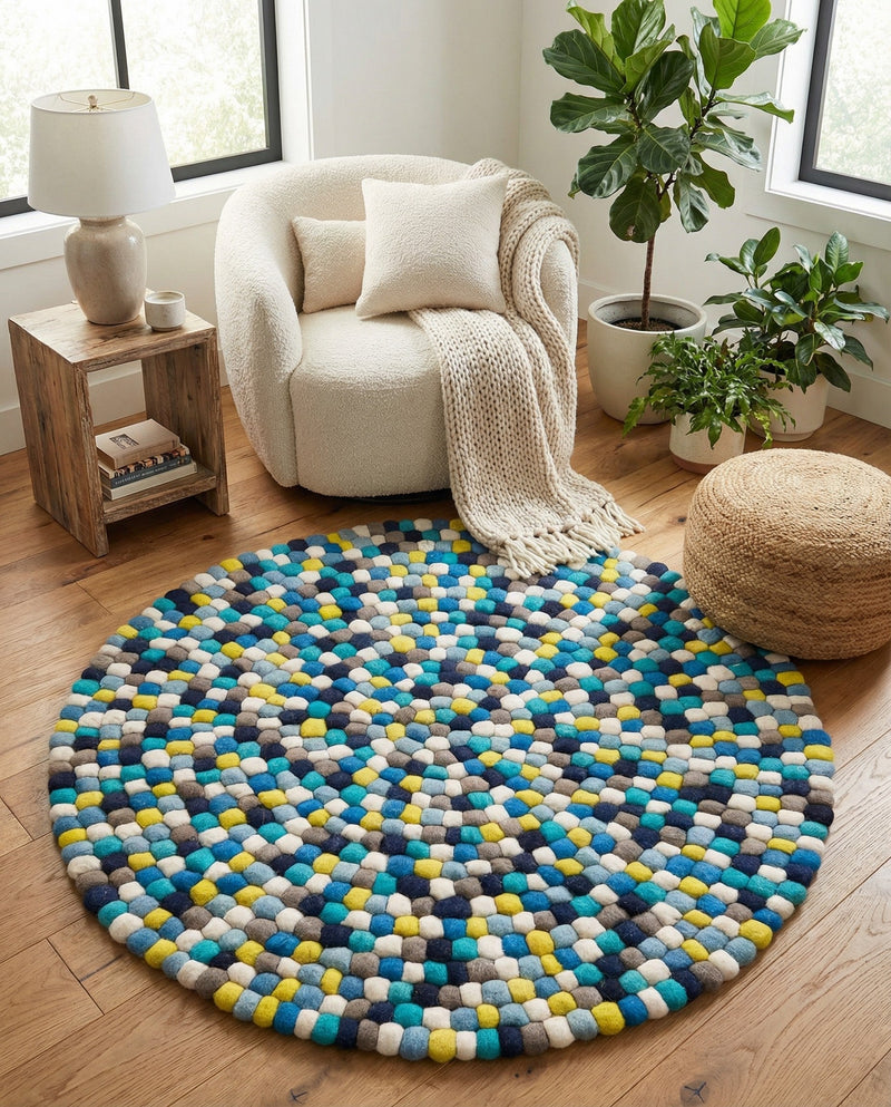 Woolen Sphere Collection Area Rug - Orbsburg (Blue) Round Blue  lifestyle 49