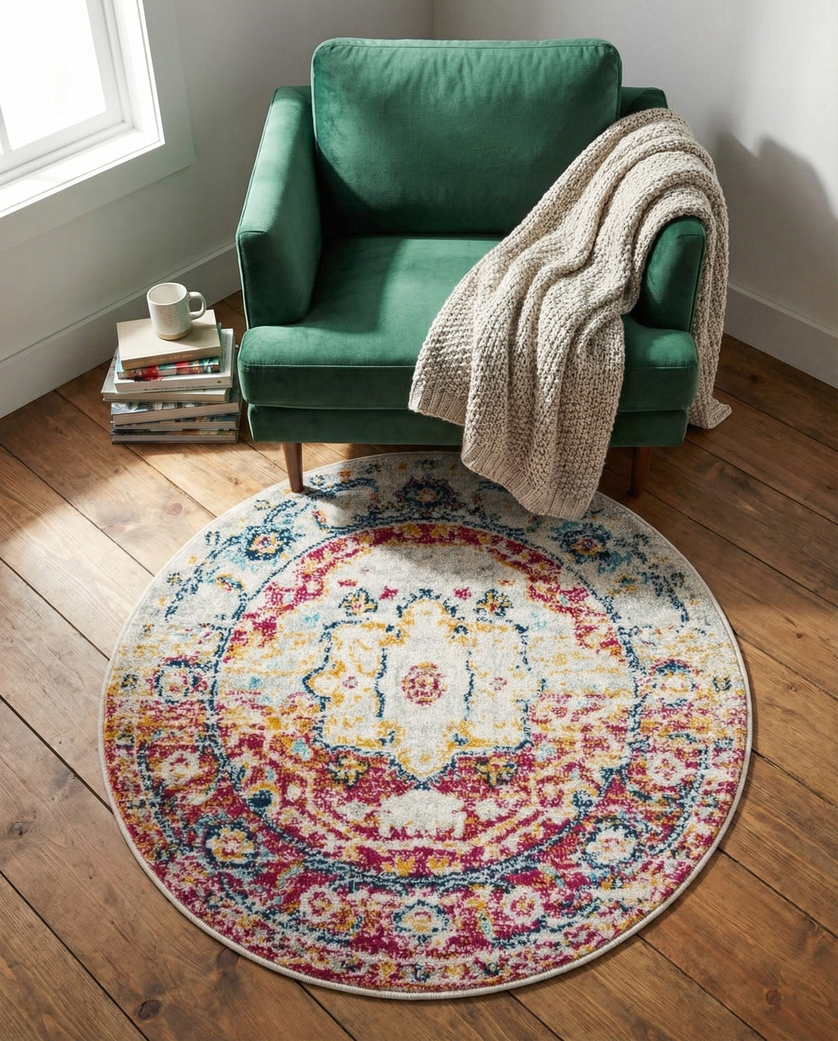 Parisian Elegance Collection Area Rug - Versailles (Pink Gray) Round Pink Gray  lifestyle 99
