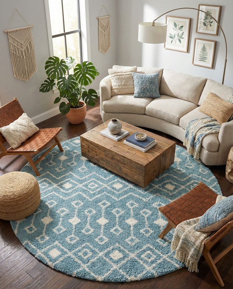 Berber Lattice Shag Collection Area Rug - Atlas (Light Blue) Round Light Blue  lifestyle 62