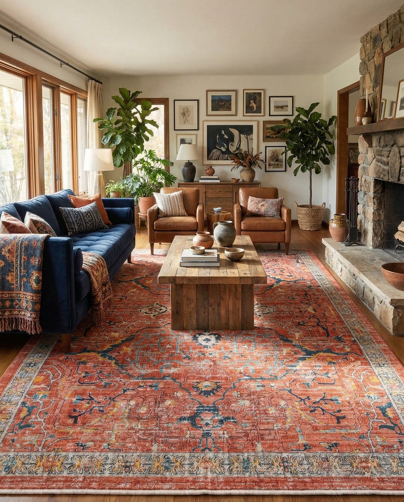 Seville Stripes Collection Area Rug -  Malaga (Brick Red) Rectangle Brick Red  lifestyle 37