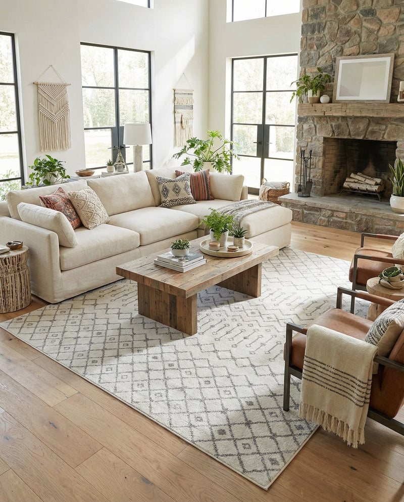 Mediterranean Lattice Collection Area Rug - Santorini (Ivory and Gray) Rectangle Ivory and Gray  lifestyle 15
