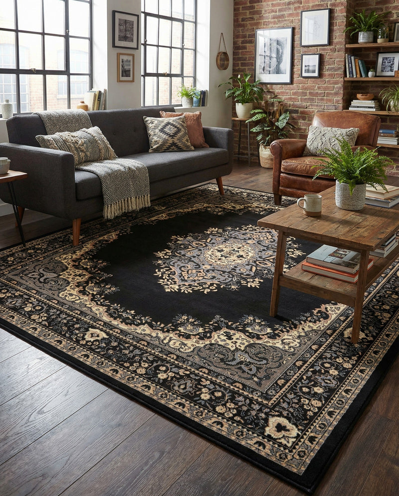 Tabriz Tapestry Collection Area Rug - Azerbaijan (Black) Rectangle Black  lifestyle 22