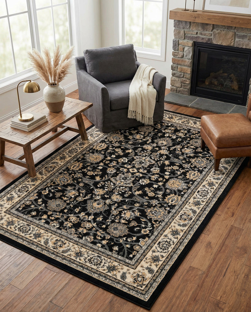 Isfahan Elegance Collection Area Rug - Naghsh-e Jahan (Black) Rectangle Black  lifestyle 59