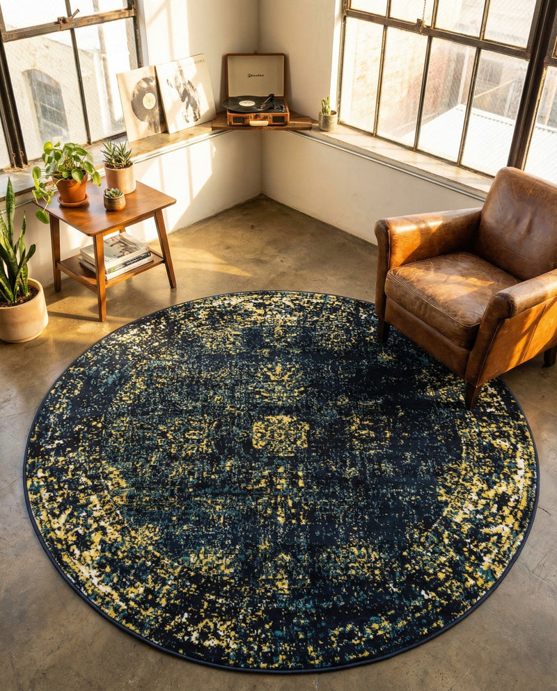 Riviera Elegance Collection Area Rug - Antibes (Navy Blue) Round Navy Blue  lifestyle 59