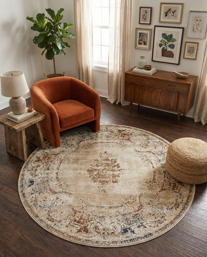 Coastal Manor Collection Area Rug -  Pierpoint Round Blue Cream  lifestyle 32