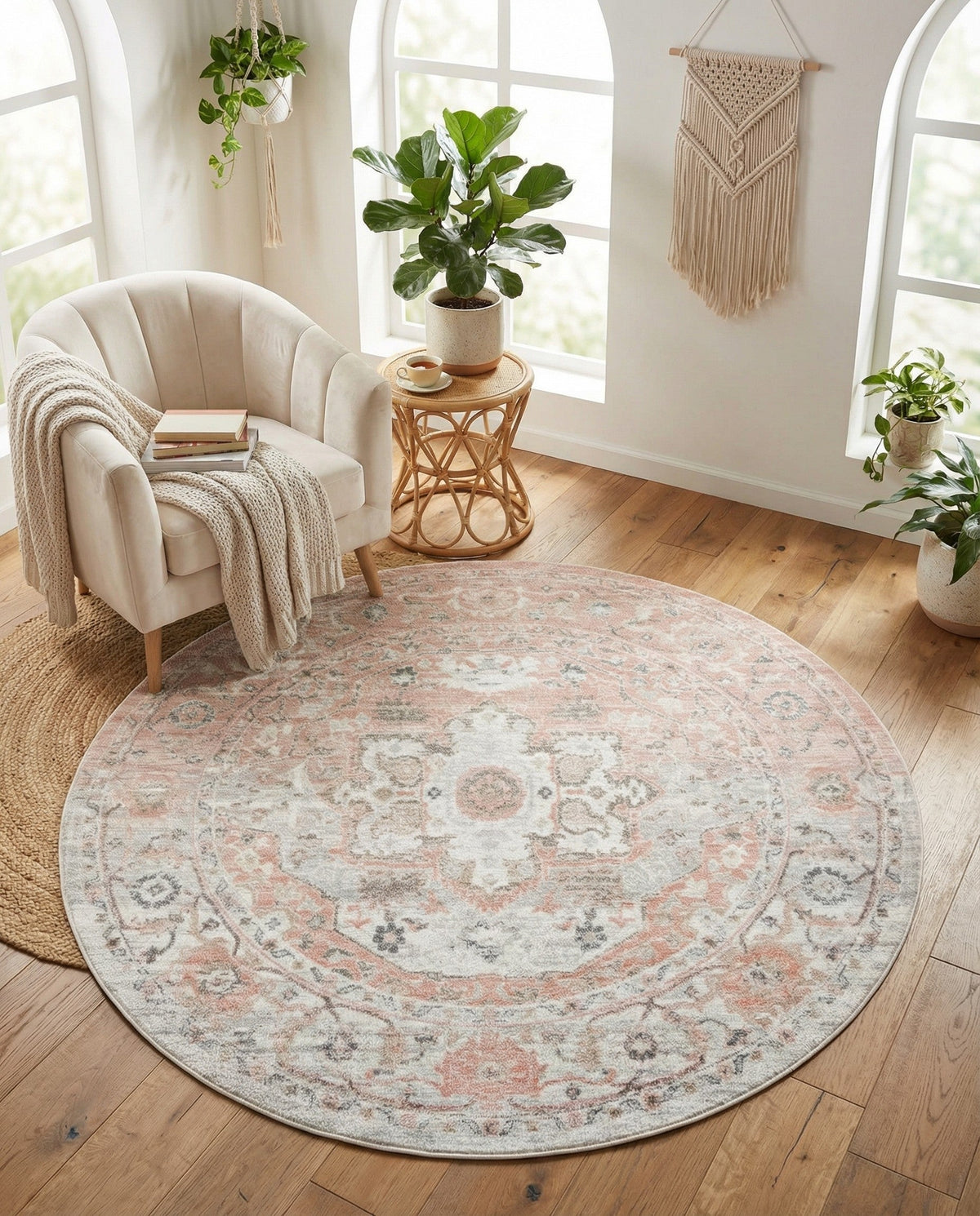 Parisian Elegance Collection Area Rug - Versailles (Rose Pink) Round Rose Pink  lifestyle 94