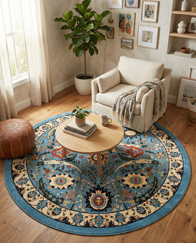 Tabriz Tapestry Collection Area Rug - Sahand (Blue) Round Blue  lifestyle 53