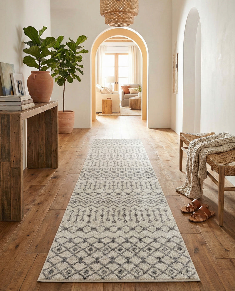 Mediterranean Lattice Collection Area Rug - Santorini (Ivory and Gray) Runner Ivory and Gray  lifestyle 33