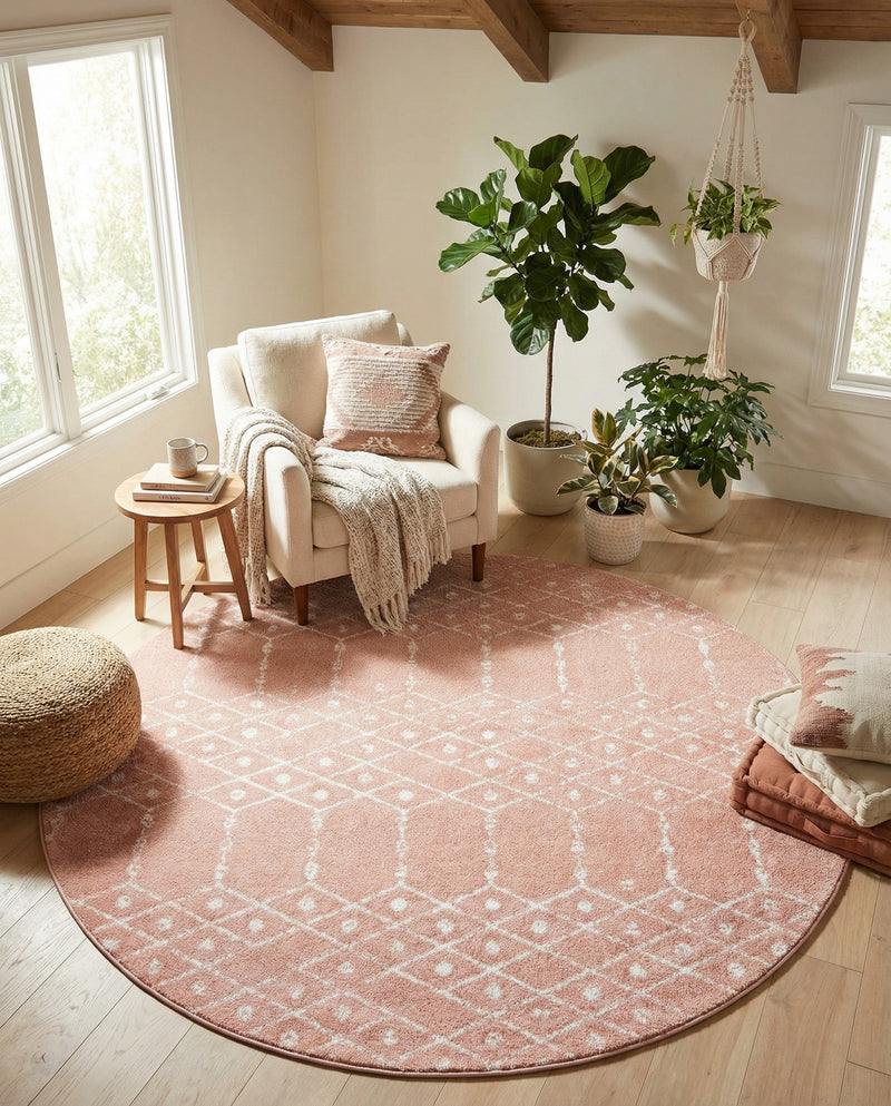 Marrakesh Lattice Collection Area Rug - Casablanca (Rose Pink) Round Rose Pink  lifestyle 42