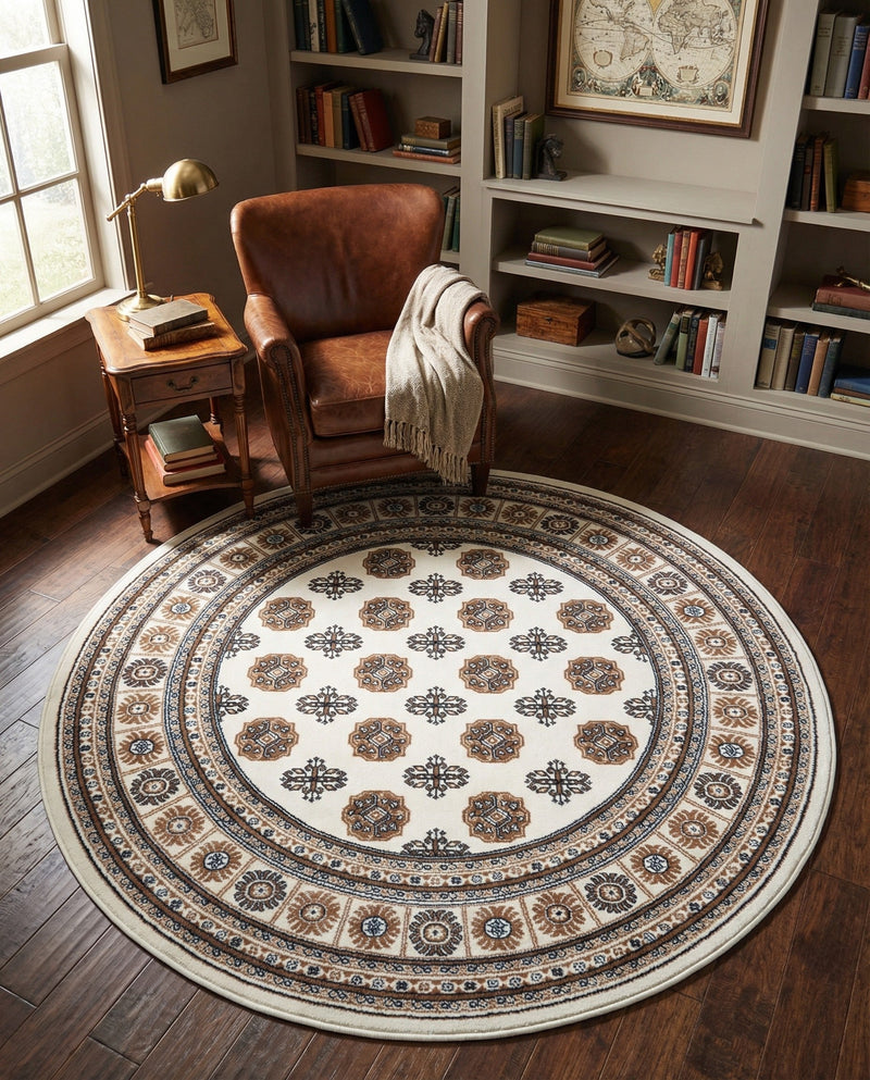 Samarkand Elegance Collection Area Rug -  Margilan (Ivory) Round Ivory  lifestyle 57