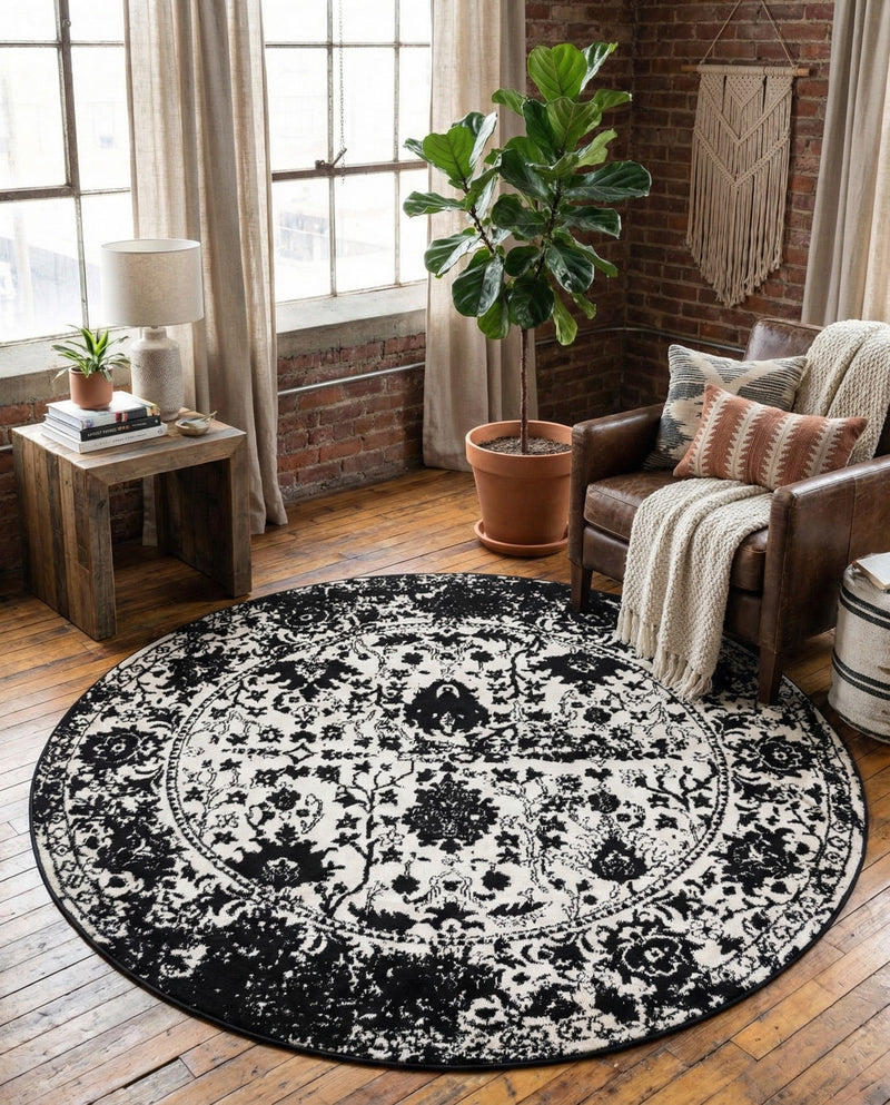 Cascade Range Collection Area Rug -  Shasta (Black and White) Round Black and White  lifestyle 44